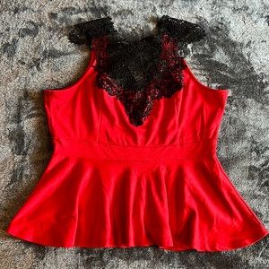 Julie’s Closet Red Peplum Top with Black Lace Front and Black Tie Back no size